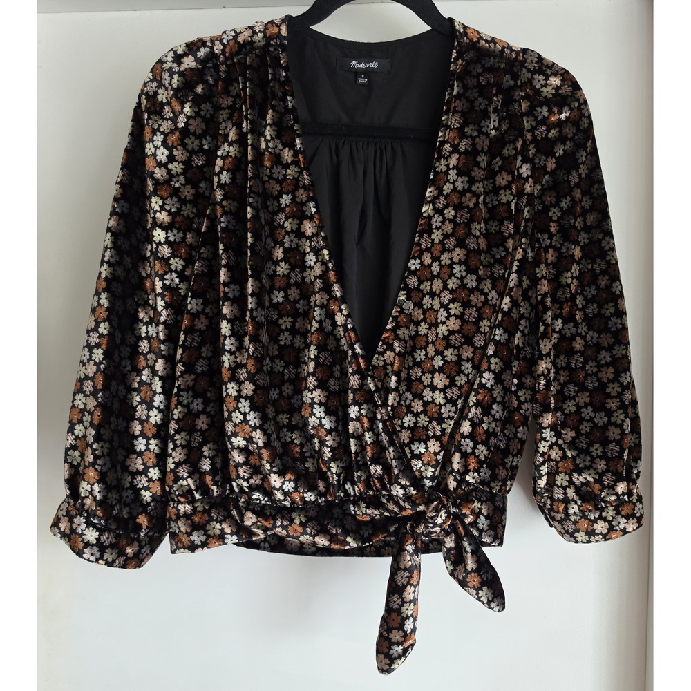 Madewell Blouse Women S Floral V-Neck Long Sleeve Black Brown White Top